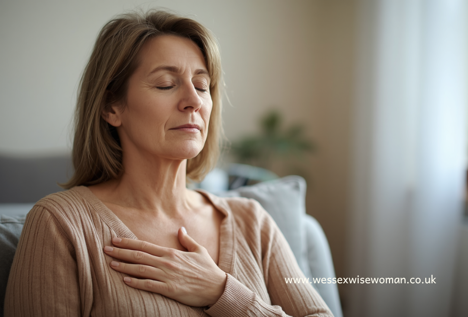 midlife woman with hand on chest practising slow breathing techniques