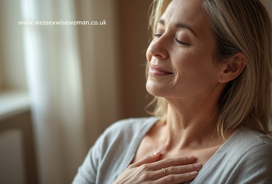 woman with hand on chest practising slow breathing techniques