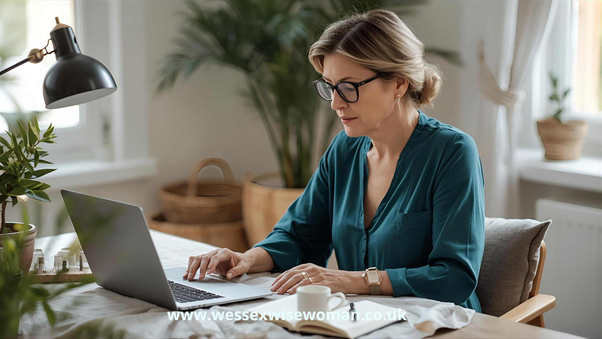 Awaken Your Inner Magic (woman 40s 50s wearing teal blouse with her highlighted brown hair in a low loose bun at her home desk working on her laptop computer)