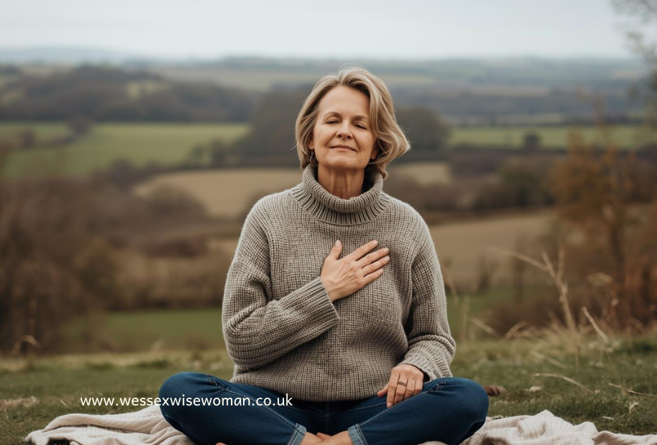 Midlife woman sitting outdoors in the Wiltshire countryside near Salisbury, eyes closed with hand on chest, practising calm breathwork in soft natural light contemplating breathwork for women in Wiltshire.