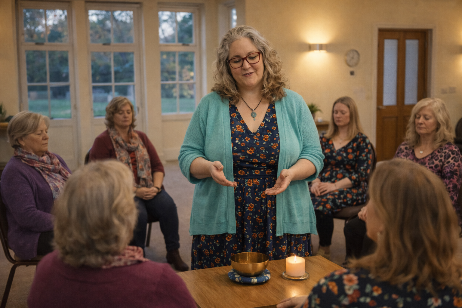 Kim Brockway leading a breathwork circle of midlife women in Salisbury, Wiltshire