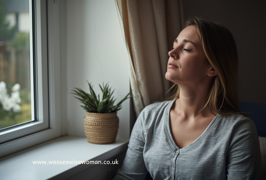Photorealistic image of a midlife woman sitting quietly by a window in a cosy UK home, eyes gently closed, breathing calmly, relaxed posture, soft natural daylight, warm neutral tones, slightly imperfect and natural setting, authentic not posed, peaceful but realistic Alt text: breathwork for perimenopause calming nervous system naturally