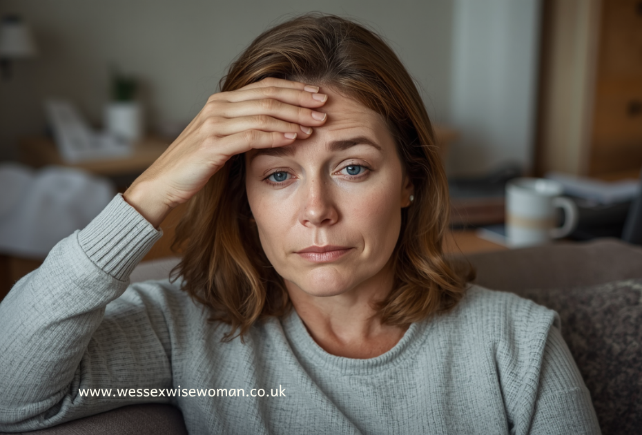 Photorealistic image of a midlife woman (40s–50s) sitting in a cosy UK home, looking overwhelmed and flushed, one hand on her forehead, slightly tired expression, natural skin texture (not airbrushed), casual clothing, soft natural lighting, warm neutral tones, slightly messy real-life background (mug, laptop, papers), authentic and unposed, realistic perimenopause moment, not staged or overly polished Alt Text: breathwork for perimenopause symptoms midlife woman feeling overwhelmed