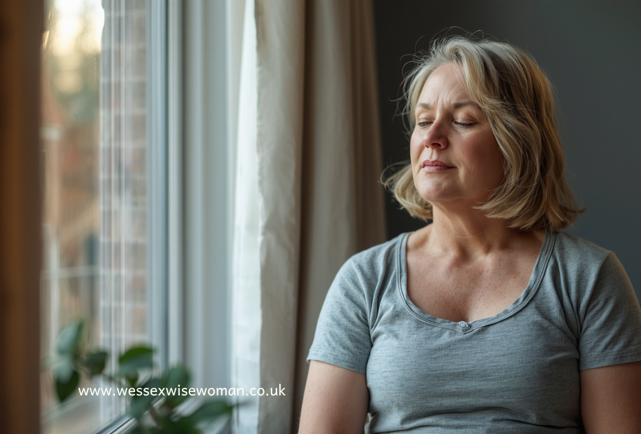 Photorealistic image of a midlife woman sitting quietly by a window in a UK home, eyes gently closed, breathing calmly, soft natural daylight, relaxed posture, warm neutral tones, cosy setting, no yoga poses, authentic and grounded, peaceful but realistic
