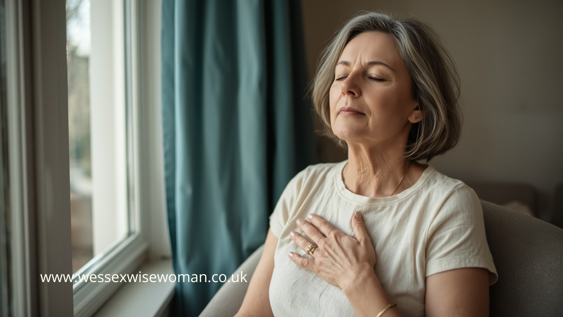 Sacred Pause breathwork session with Kim Brockway, Salisbury. A woman having a calm, breath-focused moment,